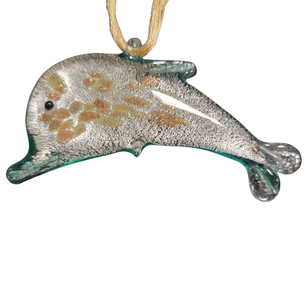 Art Glass Necklace Dolphin Pendant Green Multicolor 2" x 1 7/8" No Chain NEW